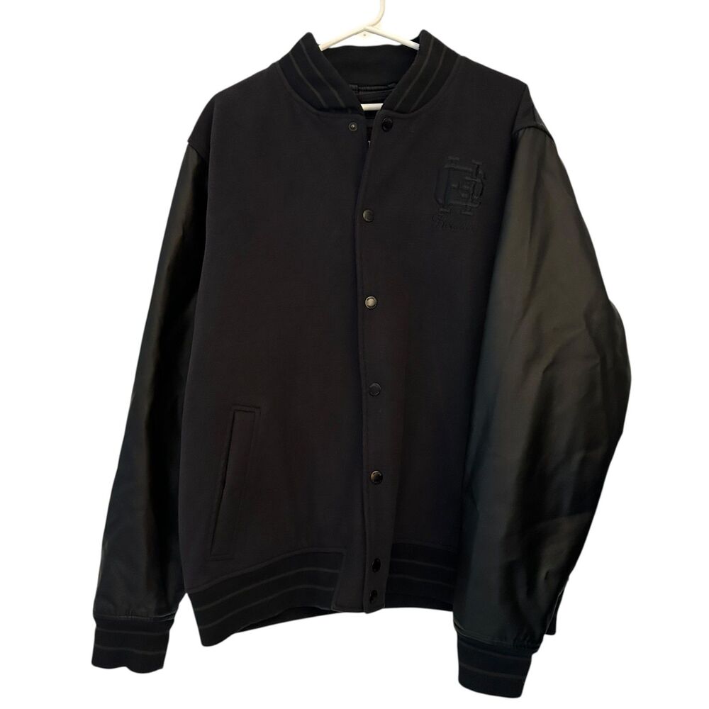 Holllister Men's‎ Black Fleece Vegan Leather Sleeves Button Up Bomber Jacket XXL